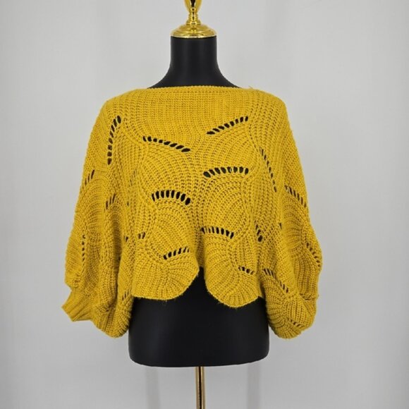 Elodie Yellow Knit Women's Sweater Cropped Scallop Hem Dolman Sleeve Size Small - Picture 2 of 9